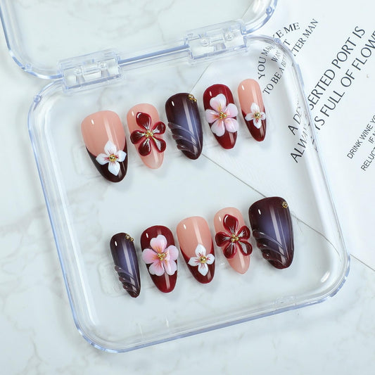 Flower Press on Nails Handmade Press on Nails 3D Floral Embossed and Golden Steel Ball Designs Medium Almond Fake Nail French False Nails Thick Acrylic Nail Stick on Nails for Women（Size S)