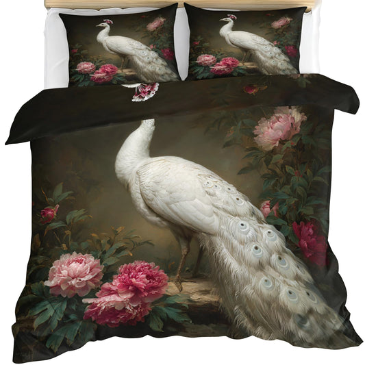 Peacock Comforter Cover Twin Size 68" x 90", Gorgeous White Peacock Duvet Cover, Chinoiserie Vintage Floral Bedding Set with 2 Pillowcases
