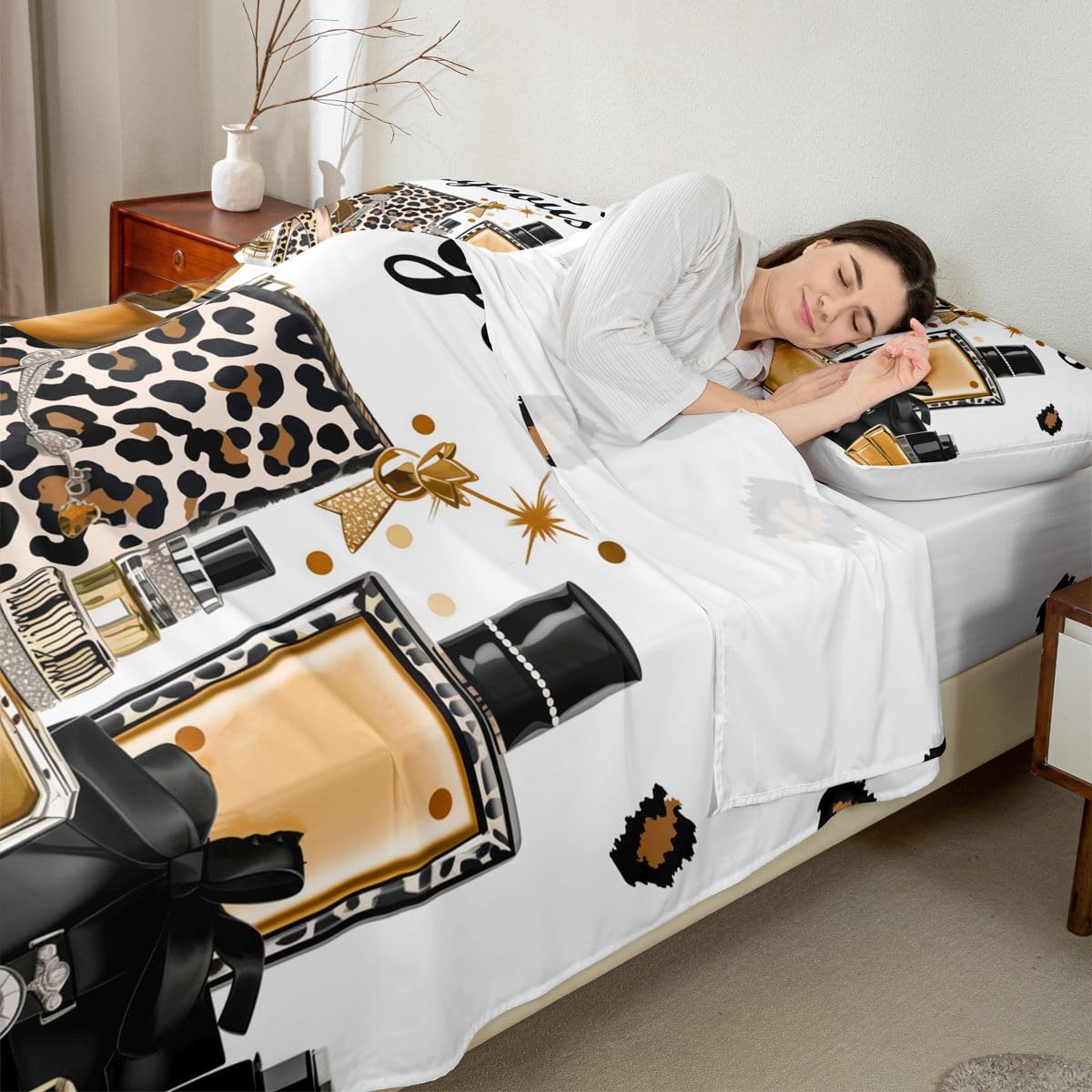 Erosebridal Brown Leopard Cheetah Print King Bed Sheets | Fashion Modern Luxury Sheets for Kids Girl Women Perfume High Heels Girly Flat Fitted Sheet Trendy Stylish Girls Bed Sets