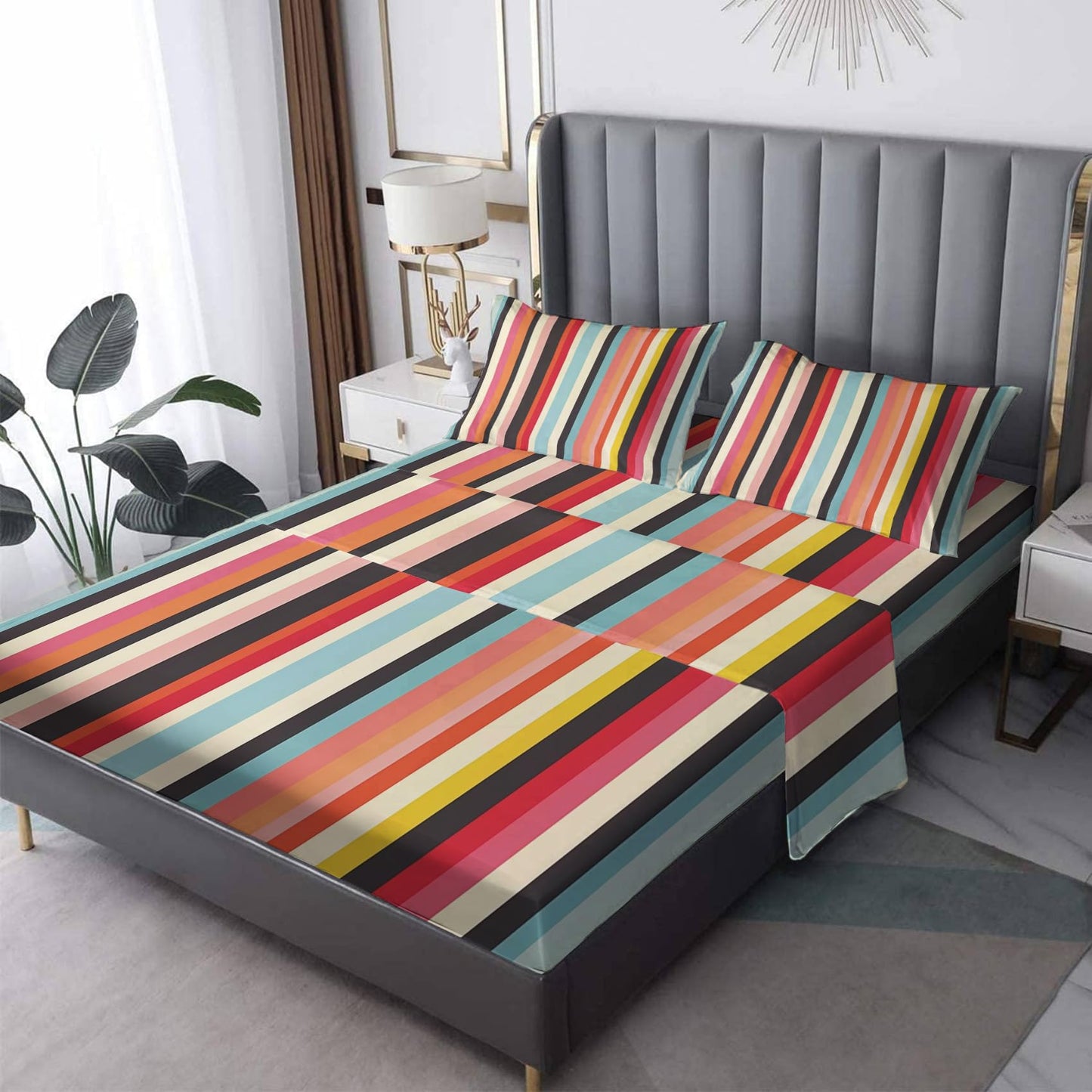 zcsm Colorful Striped Sheets Queen Sheet Set - Multicolor Stripe Bed Sheets, Soft Microfiber & Deep Pocket & Wrinkle Free Bedding Sheets & Pillowcases, 1 Fitted Sheet, 1 Flat Sheet, 2 Pillow Cases