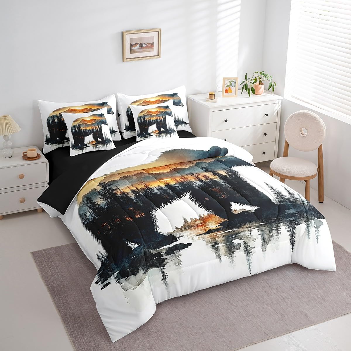 Feelyou Bear Comforter Set 7 Pieces Full Size Rustic Cabin Country Bedding Set for Boys Girls Nature Wildlife Bed in a Bag with Comforter, Sheets, Pillowcases & Cushion Covers