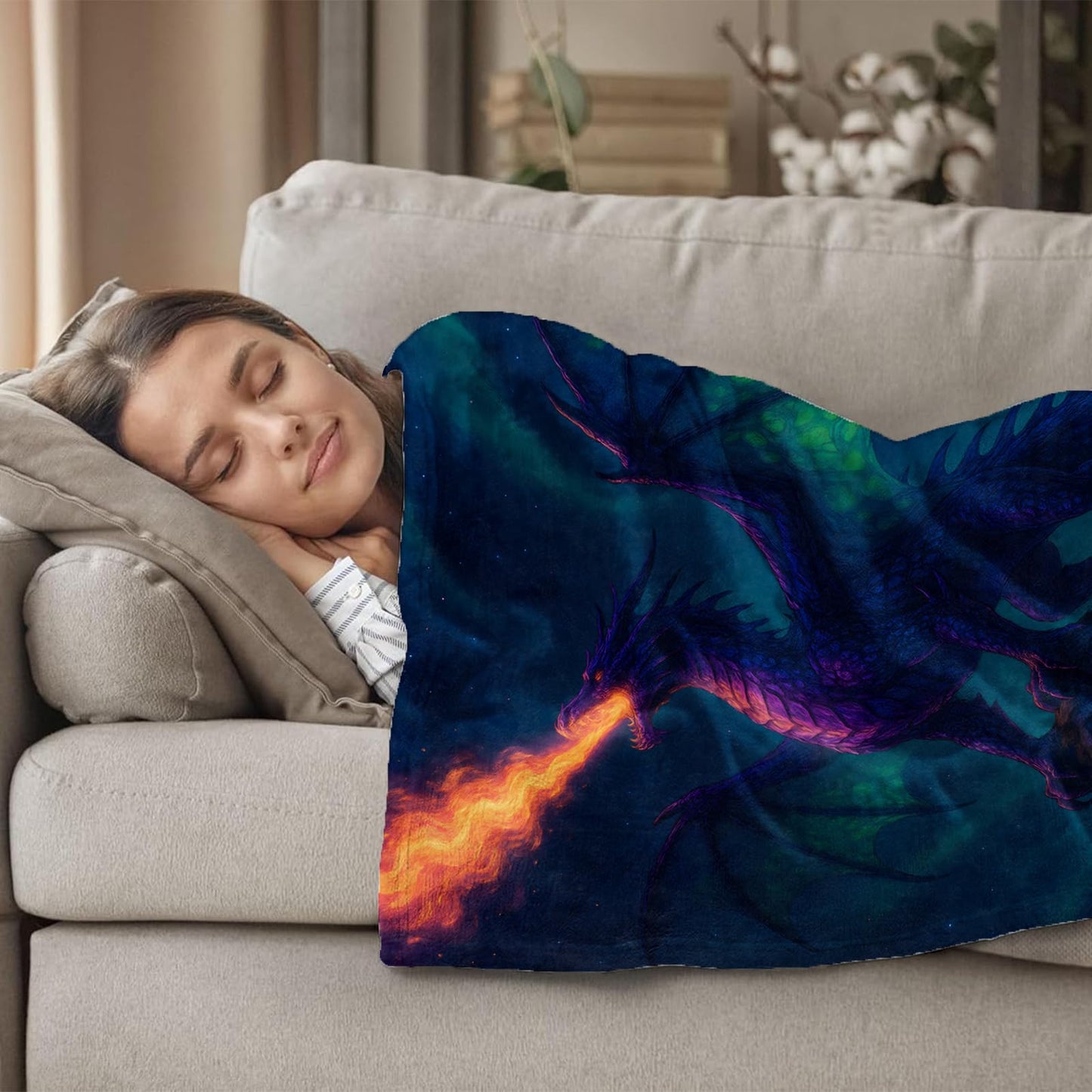Fire-Breathing Dragon Fleece Blanket for Boys Girls Kids, Cozy Soft Fantasy Creature Theme Blankets Gifts for Women, Adults, for Bedroom, Travel, Camping, Sofa, Room Decor 50x60 in