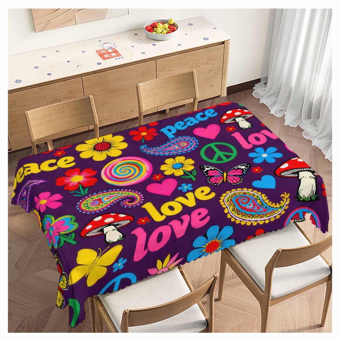 Beabes Peace Symbol Table Covers Hippie Peace Paisley Floral Colorful Heavy Weight Tablecloth Picnic Table Cloth for Kitchen Dinning Tabletop Outdoor BBQ Buffet Rectangle 52x70 Inch