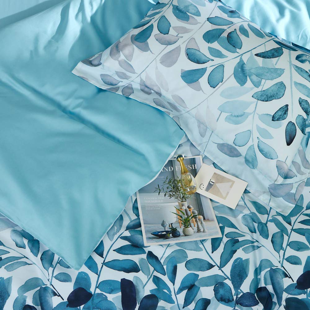 MILDLY 100% Long Staple Cotton Duvet Cover Set Navy Blue Leaves Printed Comforter Cover Set