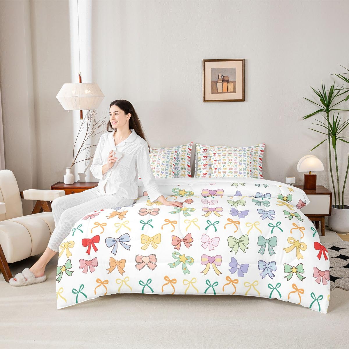 Erosebridal Bowknot Full Comforter Set Coquette Bows 7 Pieces Bedding Dreamy Princess Style Bed Set with Sheets Bow Tie Bed in A Bag Bedroom Decor