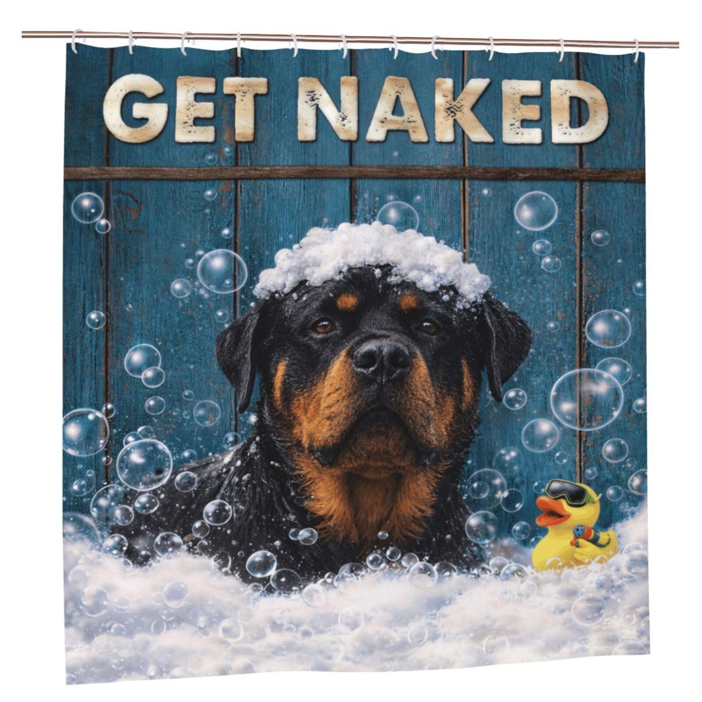 Hwsuiairt Funny Rottweiler Dog Shower Curtain Rottweiler Dog Get Naked Rustic Blue Wood Decor Cute Puppy Bath Curtain Set Waterproof Polyester for Bathtubs - 72"x72"