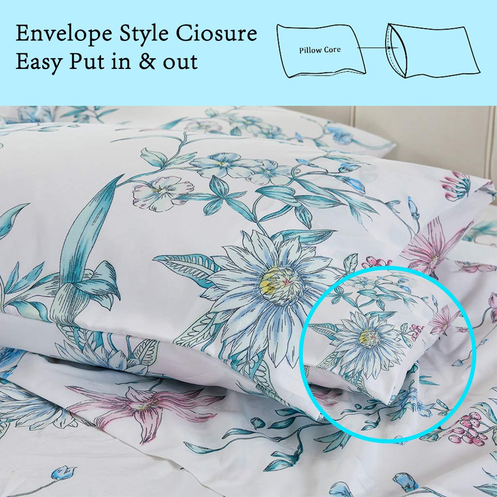 JSD White Blue Floral Printed Sheet Set Queen Size, 4 Piece Botanical Microfiber Sheets Extra Deep Pocket