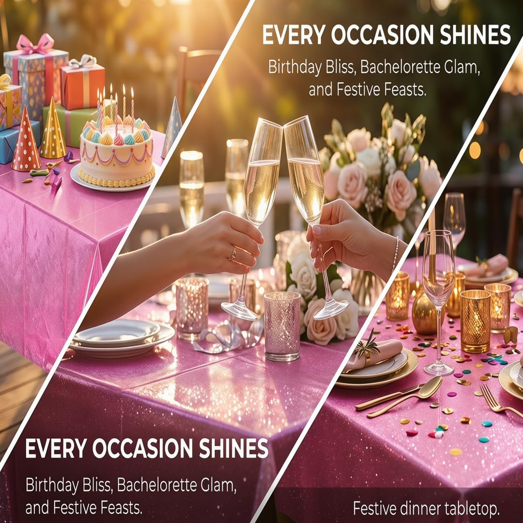 Lesgln 3 Pack Iridescent Pink Tablecloth 54'' x 108'' Disposable Holographic Plastic Rectangle Party Table Cloth Waterproof Oil-Proof for Kpop Birthday Wedding Christmas Theme Party Decorations