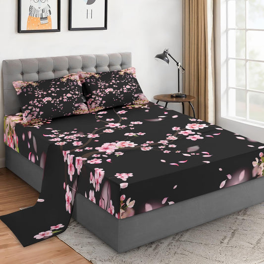 WeCozy Queen Size 4 Pcs Bed Fitted Sheet Set with 14" Deep Pocket, Blossom Cherry Flat Sheet Set for Kids and Adults, Pink Tree Flower Bedding with 2 Pillowcases for Bedroom Decor