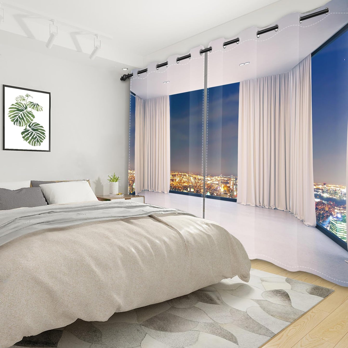 Leyiyi Window City Night View Window Curtains Empty Room 3D French Window Scenery Cityscape Modern Interior Room White Blackout Windows for Living Room Bedroom Kitchen 42x63 Inch,2 Panels