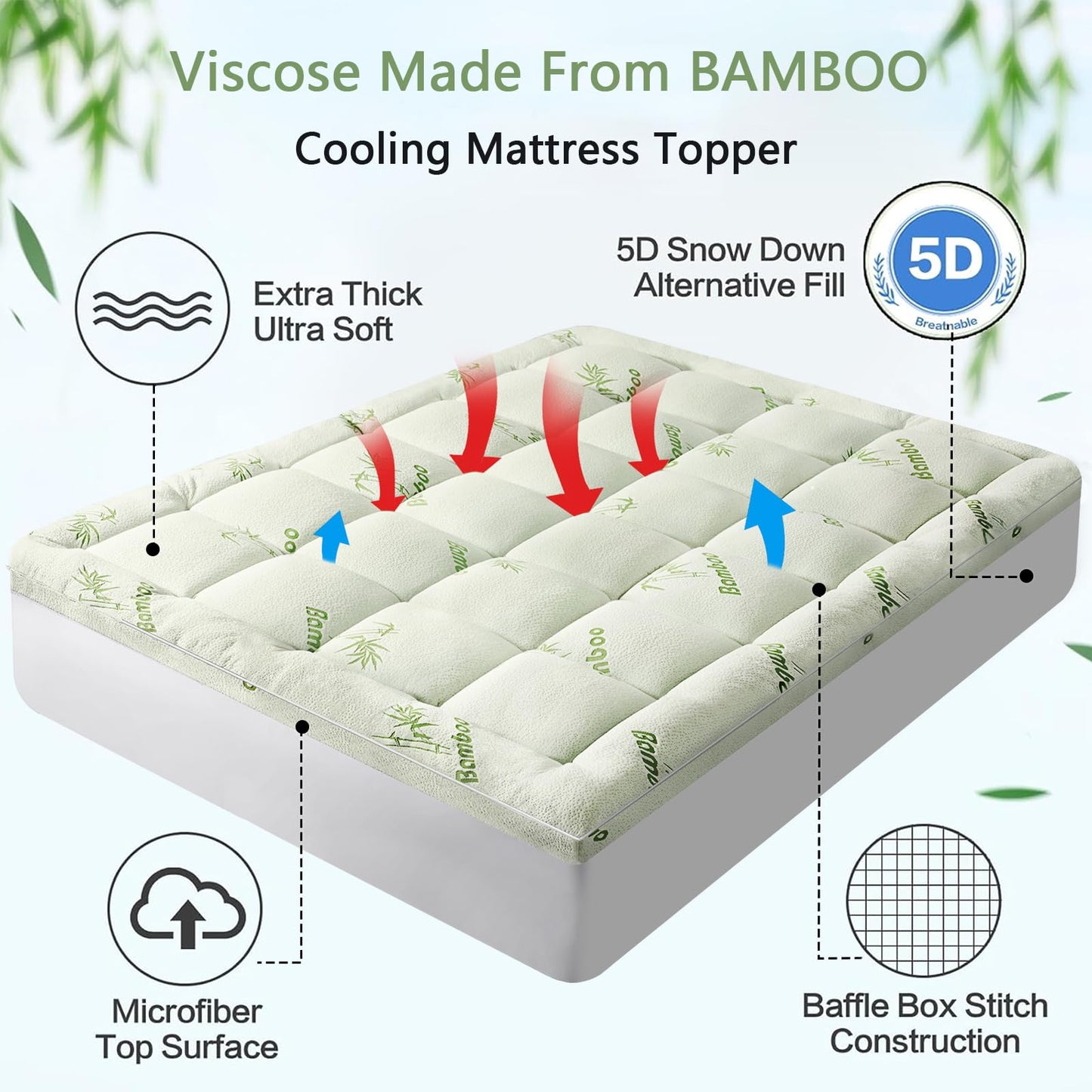 PATSBA Premium Viscose Made from Bamboo Queen Size Mattress Topper for Back Pain,1200 GSM Quilted Fitted Extra Thick Mattress Pad,Pillow Top Mattress Cover with Deep Pocket Up to 21 Inches（60*80inch）