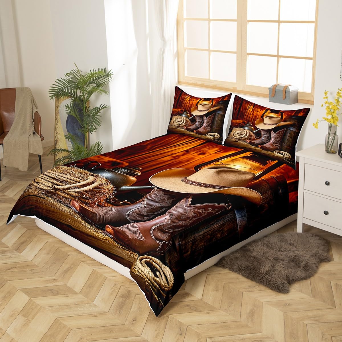 Feelyou Western Decor Duvet Cover Retro Cowboy Style Bedding Set Wild West Themed Comforter Cover for Boys Teens Men Grunge Design Bedspread Cover Queen Size with 2 Pillow Case