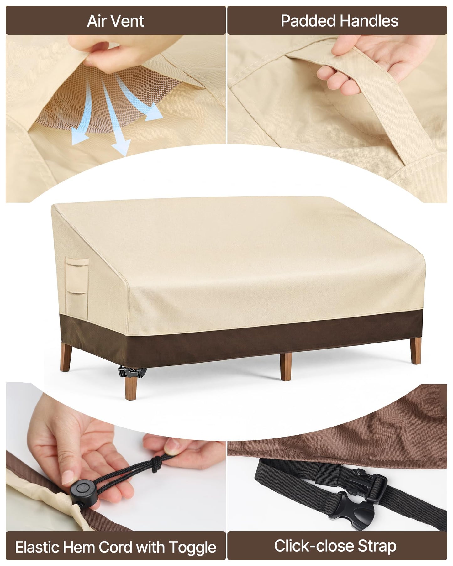 Vailge Heavy Duty Patio Sofa Cover, 100% Waterproof 3-Seater Outdoor Sofa Cover,Lawn Patio Furniture Covers with Air Vent and Handle,79" Wx 37" Dx 35" H,Beige&Brown