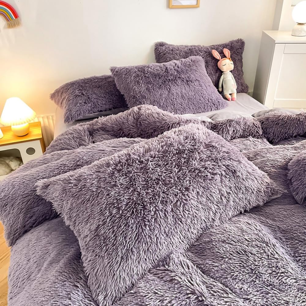 chovy Faux Fur Plush Purple Comforter Sets Queen - Ultra Soft Shaggy Flannel Velvet Fluffy Fuzzy 3PC Bedding Set （Comforter x 1 Pillowcases x 2）