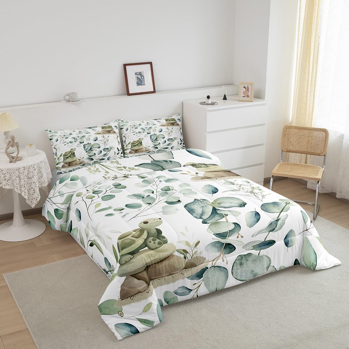 Erosebridal Kawaii Turtle Twin Comforter Set for Boys Girls Cartoon Animal Bedding Set Twin, Eucalyptus Leaves Bedding Comforter Sets Marine Wildlife Duvet Set, Tropical Plants Quilted Comforter