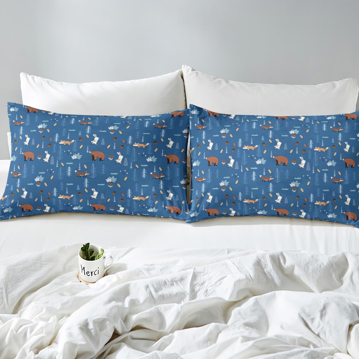 Homewish Bear Fitted Sheet Twin Size,Navy Cartoon Animals Bedding Set Kids Cute Fox Rabbit Bed Sheet 2Pcs for Girls Boys Bedroom Decor,Pine Tree Jungle Adventure Style Deep Pocket Sheet,1 Pillowcase