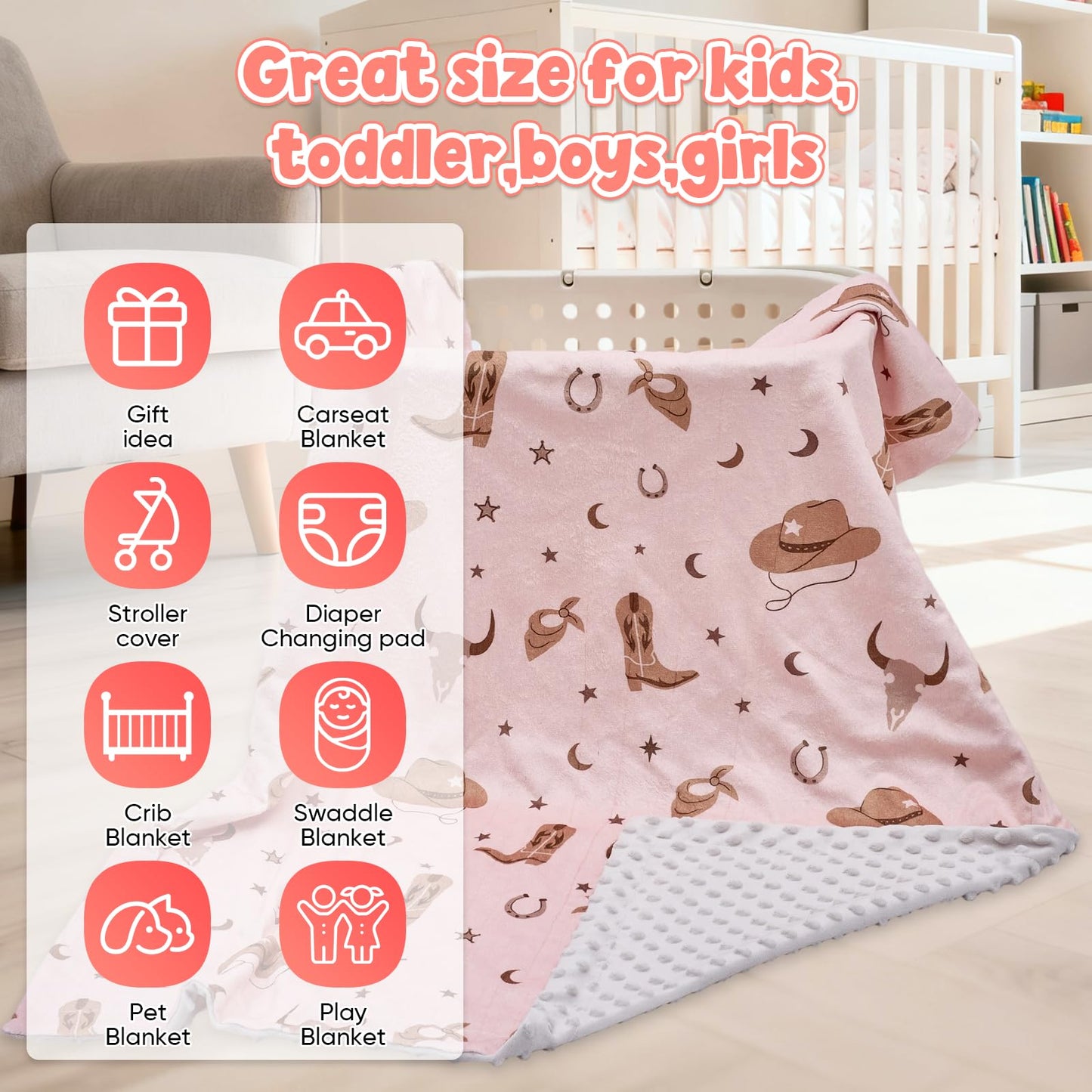 Baby Blanket for Boys Girls Super Soft Double Layer Minky with Dotted Backing Cute Cow Crib Receiving Blanket Bed Throws for Newborns Nursery Stroller Toddler 30 x 40 Inch (Cowboy hat)