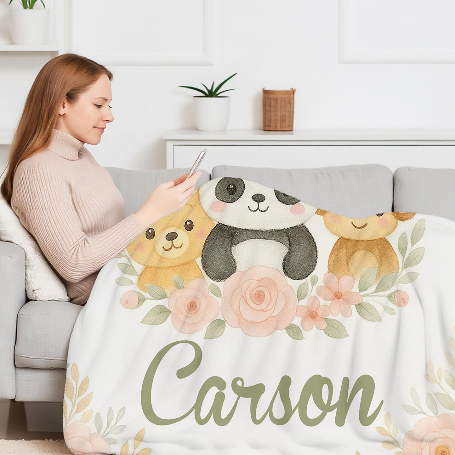 Pink Floral Panda Custom Baby Blanket with Name, Personalized Blankets for Boys Girls, Soft Fleece Throw Blankets for Sofa Couch Bed, Teens Kids Birthday Christmas Personalized Gifts