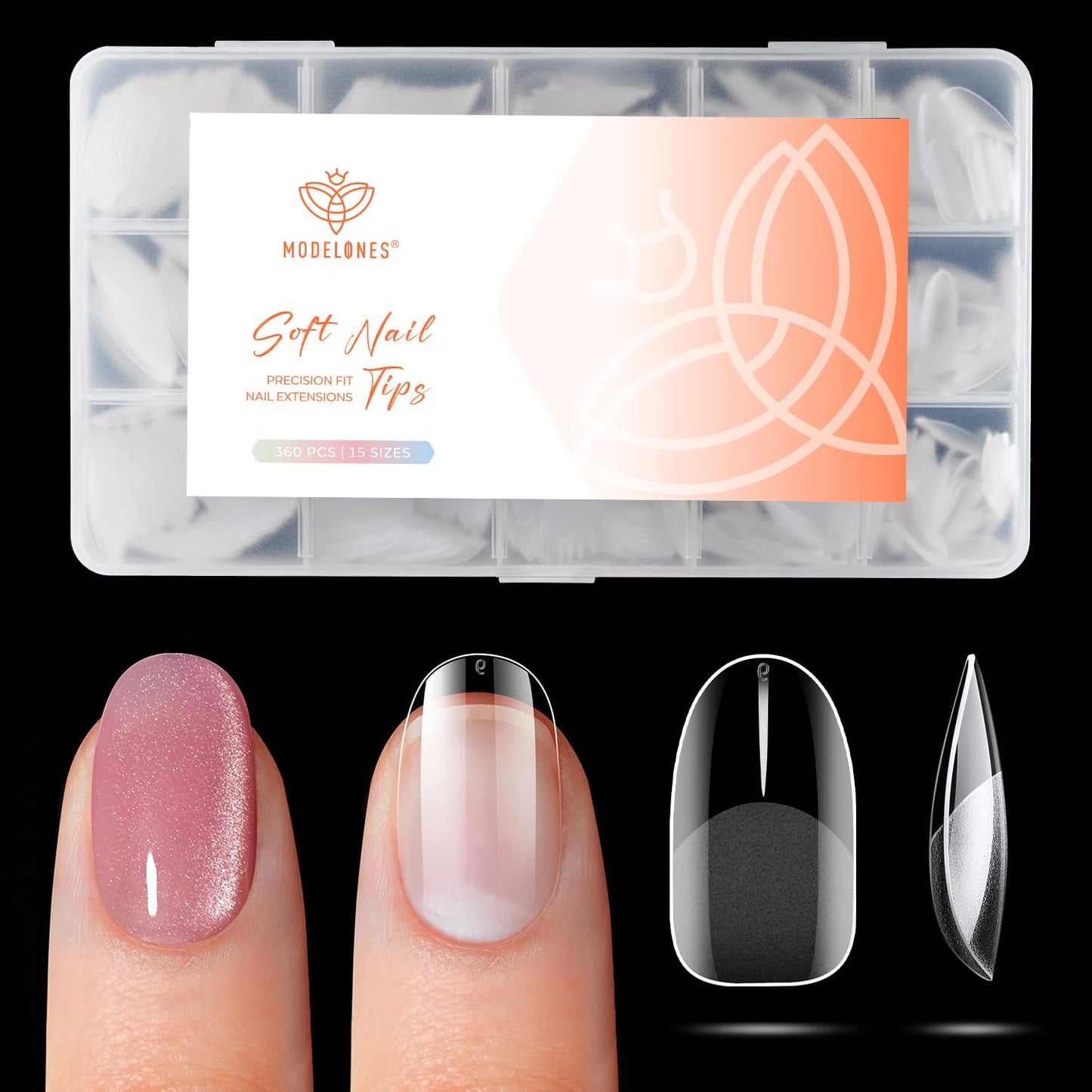 modelones Extra Short Oval Gel Nail Tips, 360pcs Pre-etched Clear Round Fake Nails Press On Full Cover Half Matte 15 Sizes Acrylic Gel Tips for Extension Salon