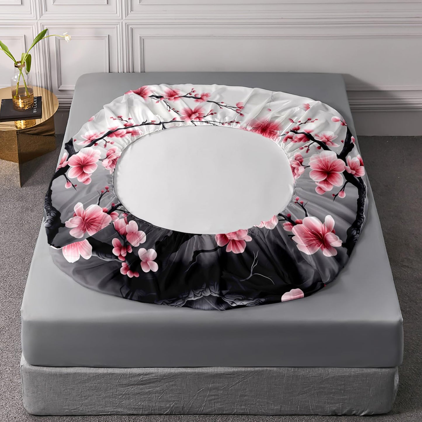 HOSIMA Panda Twin Fitted Sheet,Cute Panda Sitting Surrounded by Flowers on Branches,Gray White Ink Background Pattern Animal Bedding for Kids Boys Girls Room Decor,1 Fitted Sheet+2 Pillowcases.