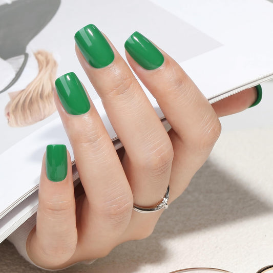 UNA GELLA Square Press On Nails - 32Pcs 16 Sizes Vibrant Kelly Green Fake Nails with Glue and Adhesive Tabs, Opaque Reusable Glue On Nails Kit for Women Manicure