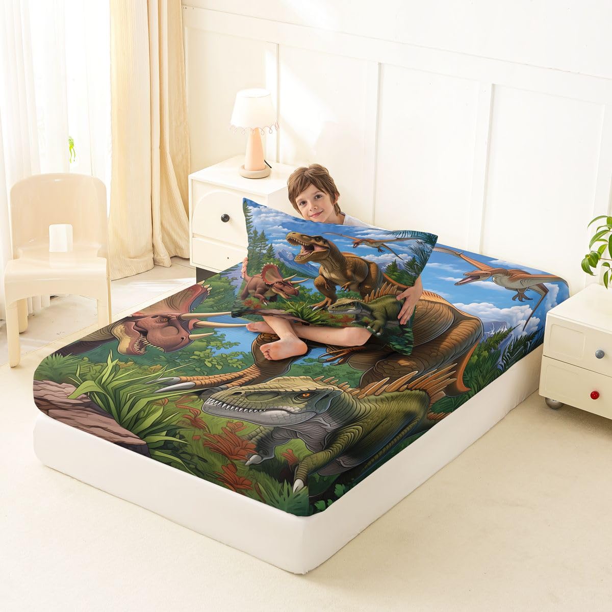 Feelyou Dinosaur Bed Sheets Set Twin Size 3D Digital Print Bed Set Jungle Dino Deep Pocket Fitted Sheet Wild Animal Breathable Soft Lightweight Microfiber Blue and Brown