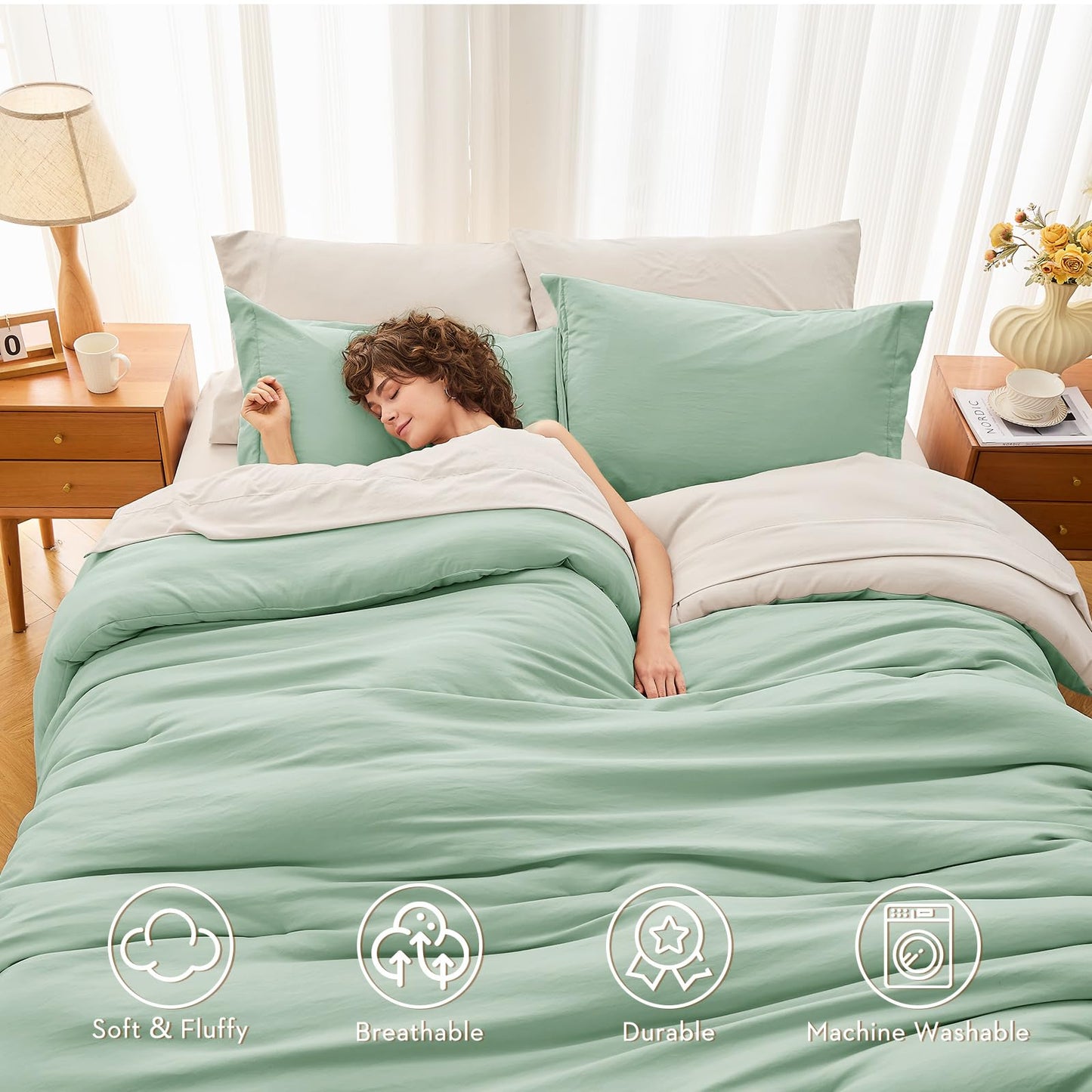 MUXHOMO 7 Pieces King Comforter Set, Soft Bed in a Bag King Size, All Season Bedding Set with Comforter, Flat Sheet, Fitted Sheet, Pillowcases & Shams, Sage Green & Beige