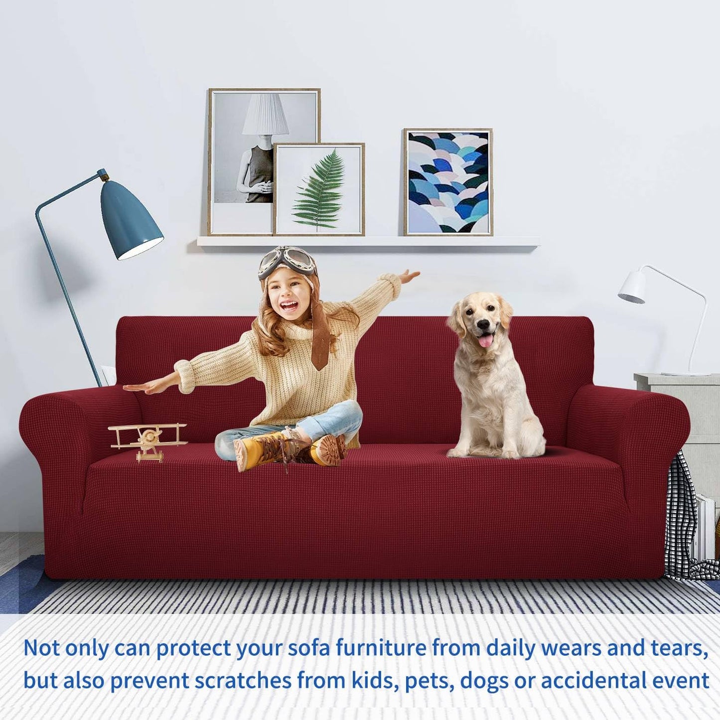 MAXIJIN Super Stretch Couch Cover for 3 Cushion Couch, 1-Piece Universal Sofa Covers Living Room Jacquard Spandex Furniture Protector Dogs Pet Friendly Fitted (Large, Wine Red)