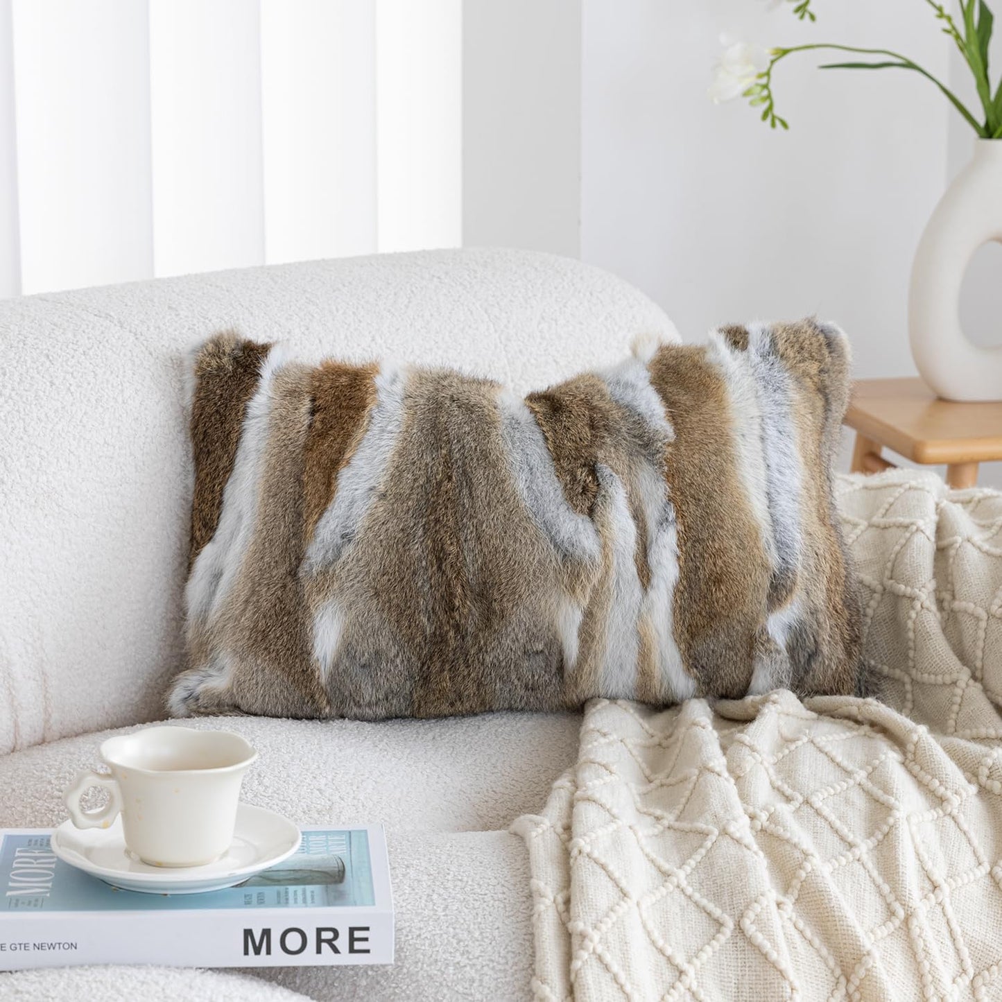 ROSE FEATHER Genuine Rabbit Fur Pillow Covers Set of 2,Luxury Decorative Throw Pillowcases Fluffy Animal Skin Accents Bolster Cushion Cover for Couch Sofa Bedroom Living Room Home,12x20inch,Yellow