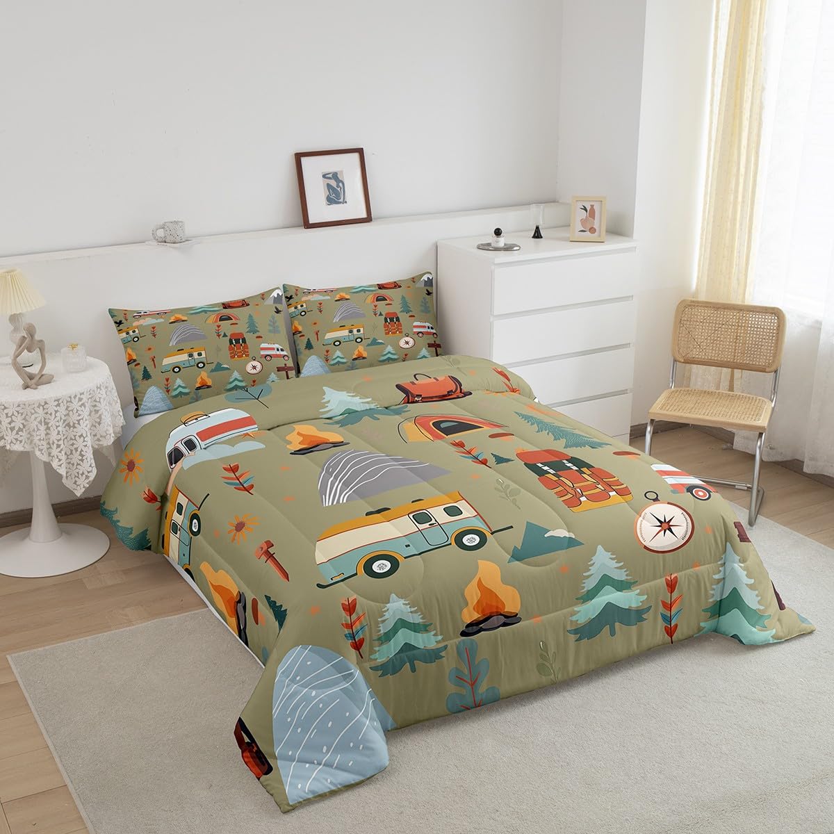 Feelyou Happy Camping Comforter Set for Kids Boys Girls Full Size Outdoor Themed Bedding Set Soft Travel Bag Tent Print Duvet Quilt Travel Trailers Comforter Camping Gifts Duvet Quilt
