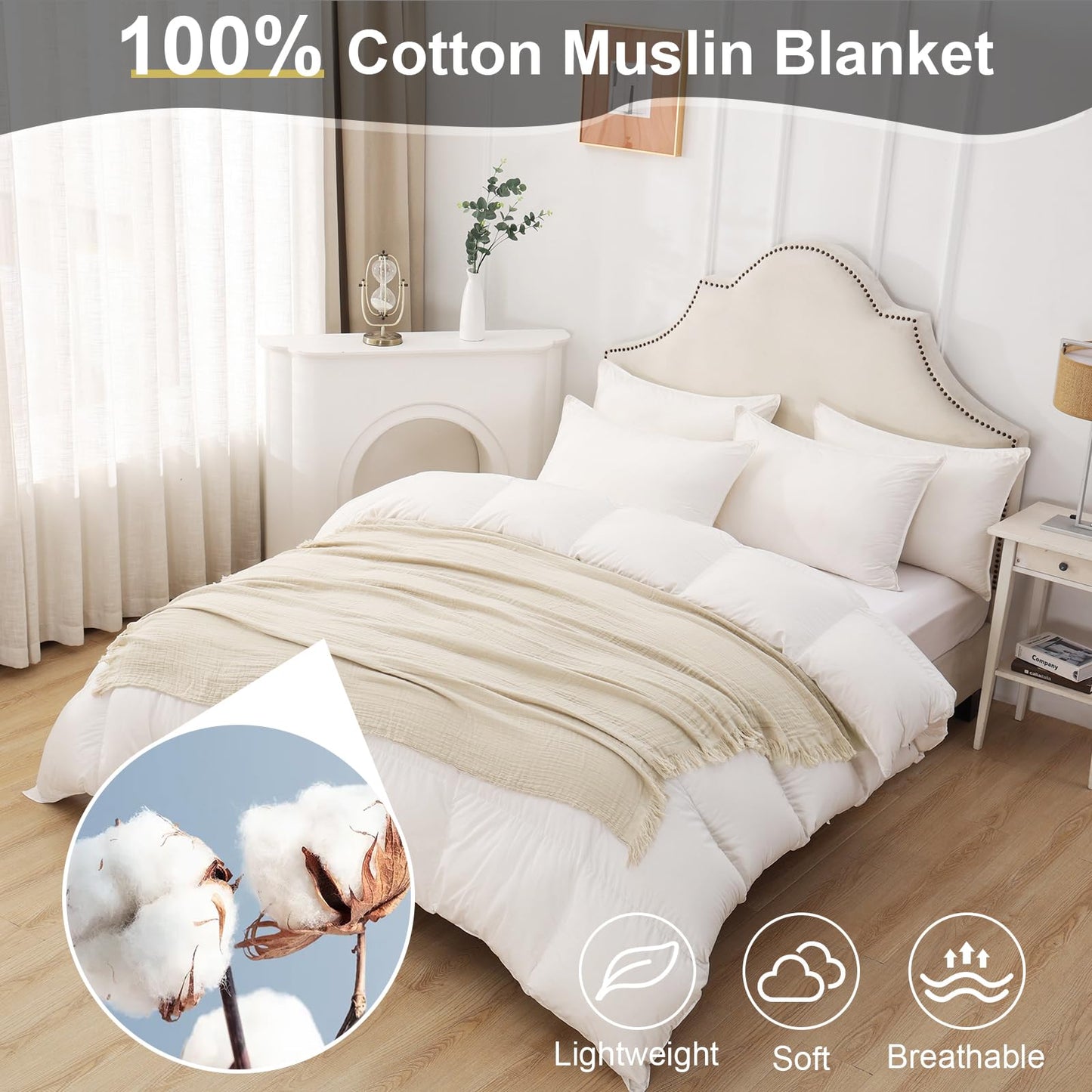 Yoenillo Cotton Muslin Throw Blanket with Tassels, Lightweight Woven Gauze, Pre-Washed Breathable Farmhouse Decor for Bed, Couch, All-Season Use (Beige, 50" x 60")