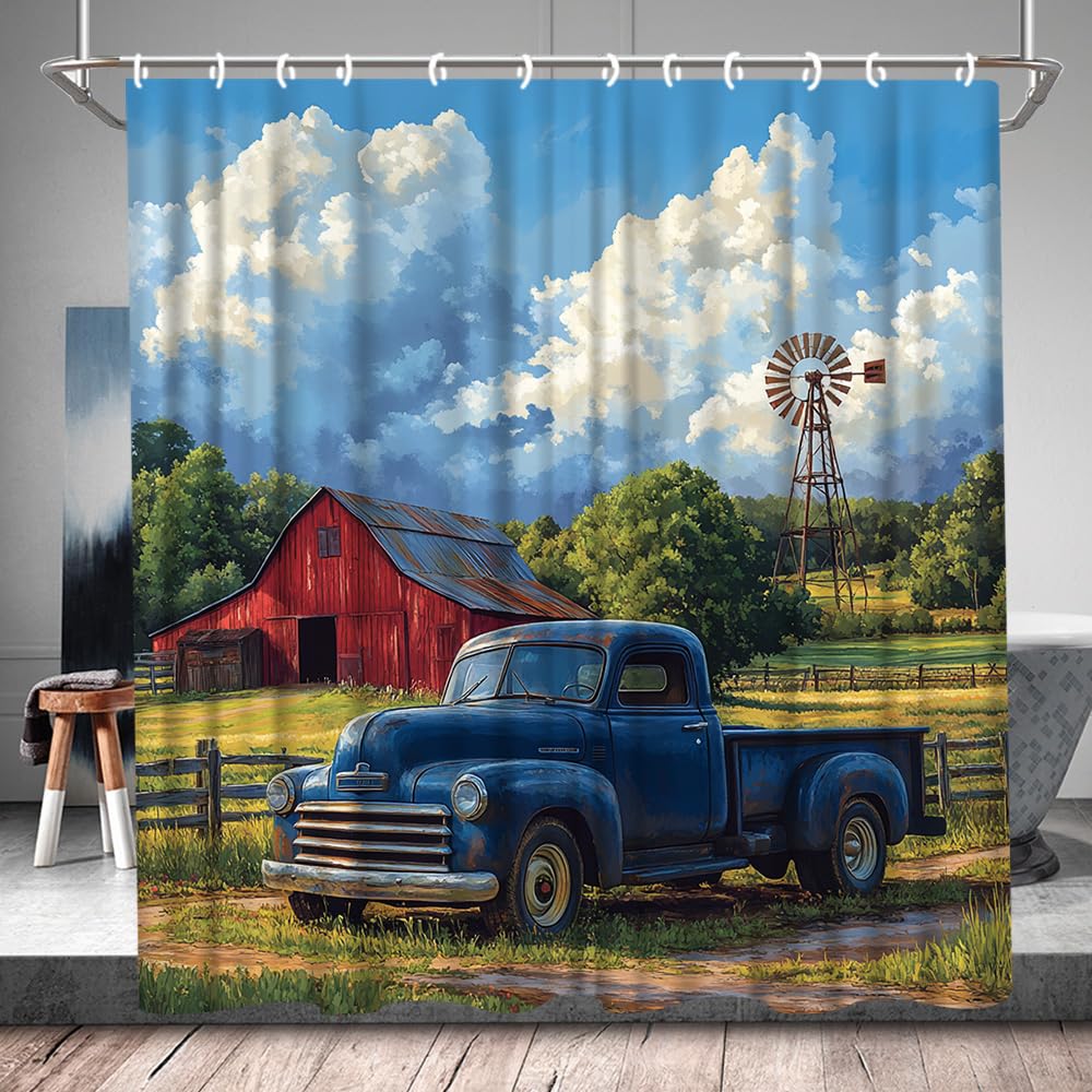 Farmhouse Blue Old Truck Shower Curtain Rustic Cabin Barn Windmill Country Meadow Car Lodge Western Bathroom Accessories Set Polyester with Hook 70Wx70H Inch