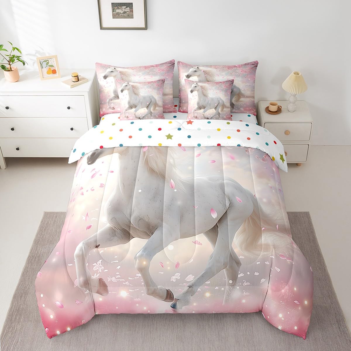 7 Piece Boys Twin Horse Bed in a Bag Pink Cherry Blossom Sheet Set for Girls Kids - 3D Wild Animal Bedding Set with Comforter - Pink Fitted Sheet - White Horse Farmhouse Cushion Covers