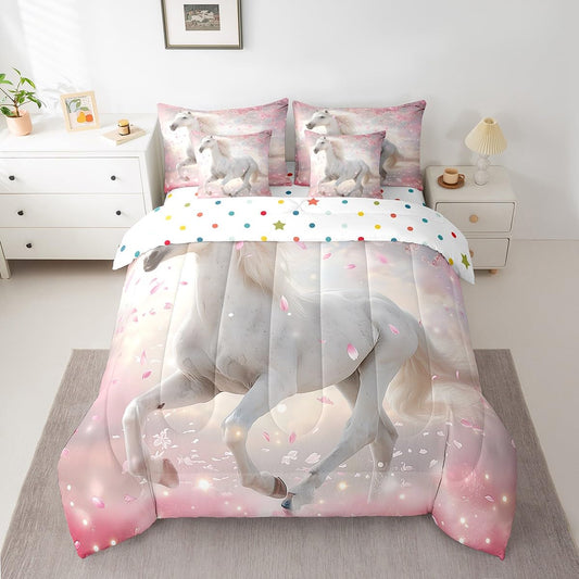 7 Piece Boys Twin Horse Bed in a Bag Pink Cherry Blossom Sheet Set for Girls Kids - 3D Wild Animal Bedding Set with Comforter - Pink Fitted Sheet - White Horse Farmhouse Cushion Covers