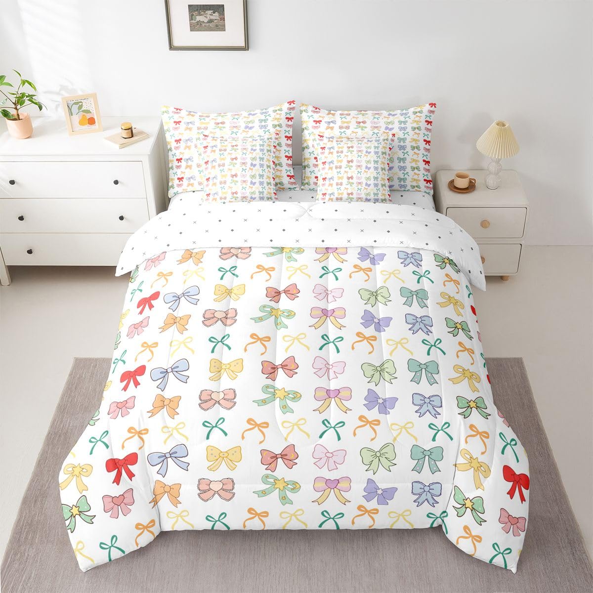 Erosebridal Bowknot Full Comforter Set Coquette Bows 7 Pieces Bedding Dreamy Princess Style Bed Set with Sheets Bow Tie Bed in A Bag Bedroom Decor