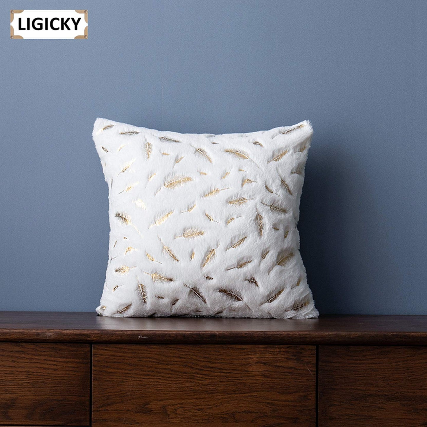 LIGICKY Set of 2 Decorative White Faux Fur Gold Feathers Gilding Leaves Throw Pillow Covers Sparkling Throw Pillow Covers Fluffy Plush Soft Square Cushion Cases for Sofa Bedroom Party Décor, 16" x 16"