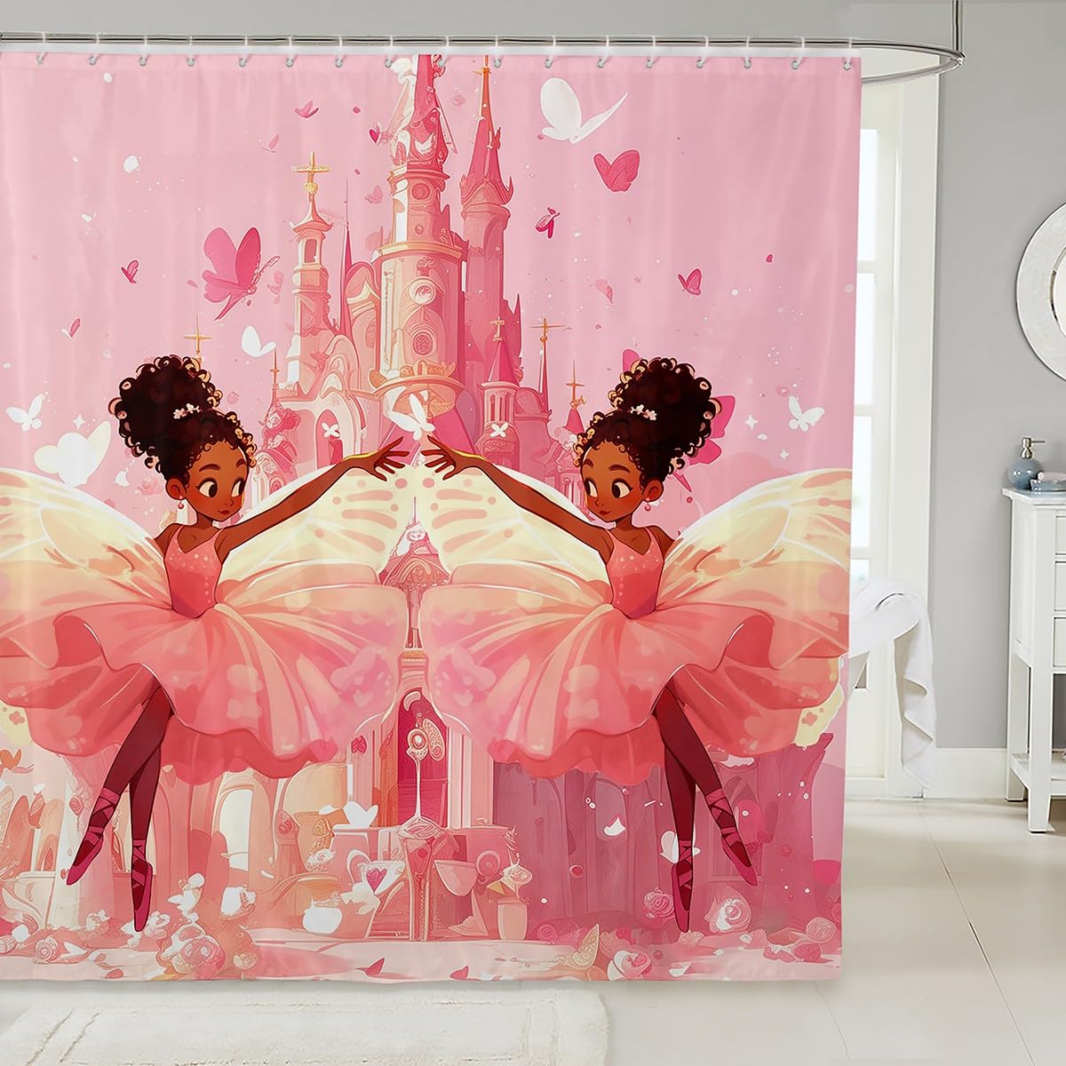 Cute Girl Shower Curtains Pink Castle Girl Bathroom Curtains for Kids Princess Room Decor, American Style Black Little Girl Waterproof Bath Curtains with 12 Hooks Suits for Bathtub, 72" W x 72" L