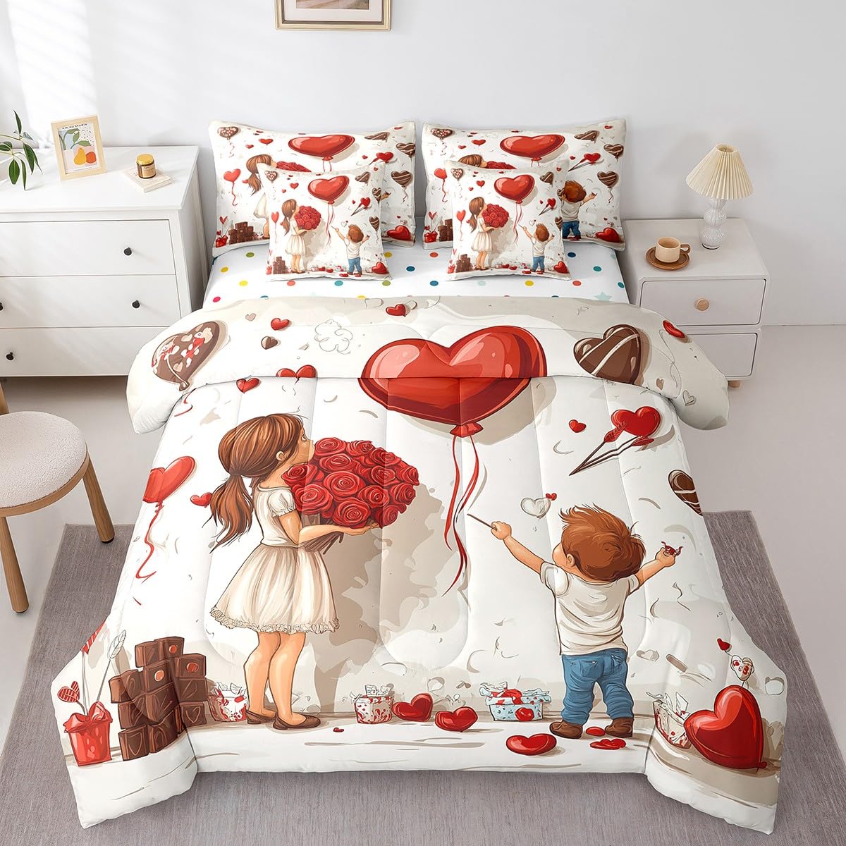 Erosebridal Valentine's Day Roses Bed in A Bag Full Size,Chocolate Balloon Kids Comforter Set Romantic Flowers Couple 7 Piece Bedding Set for Teen Boys Girls,Graffiti Wall Bed Set