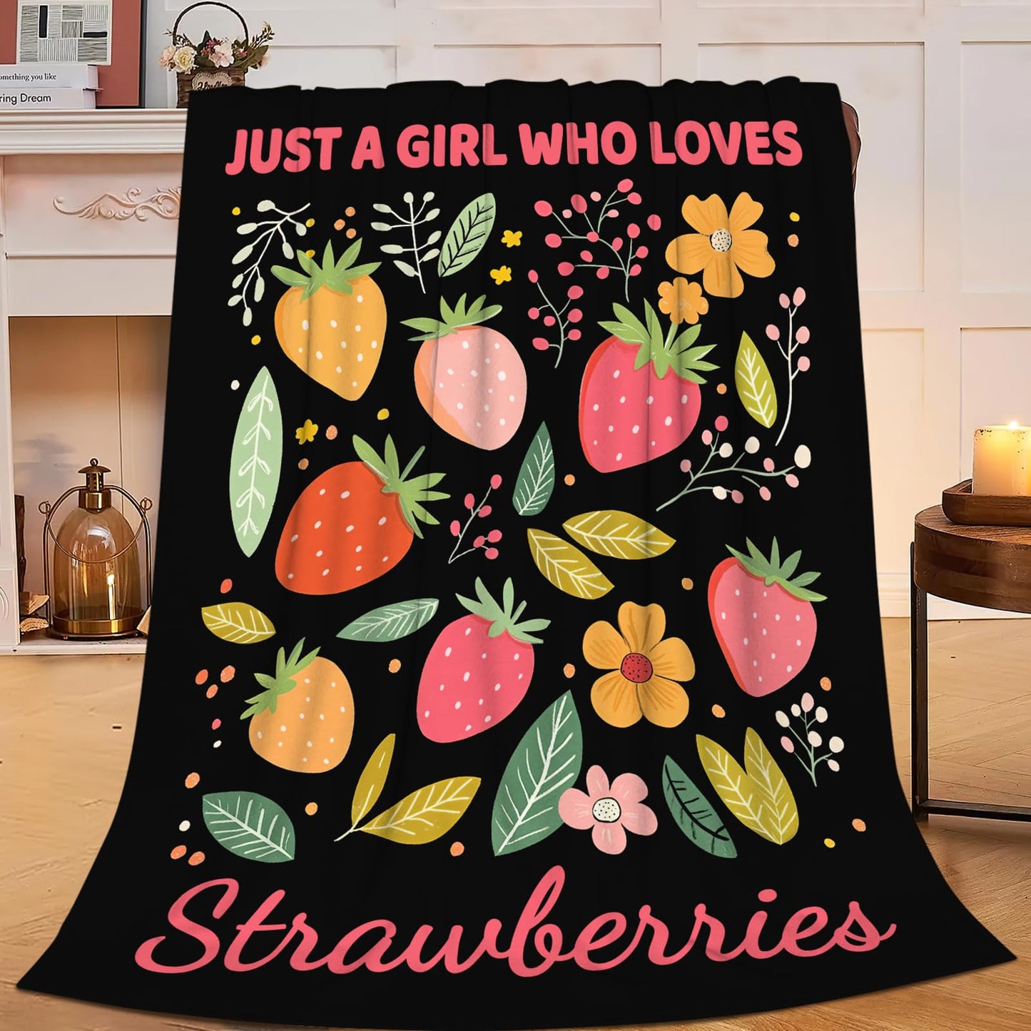 Lovira Just A Girl Who Loves Strawberries Throw Blanket Cute Strawberry Fruits Print Throw Blankets Gifts for Couch Sofa Bed Stuff Decor Soft Cozy Fleece Plush Warm Flannel Bedding for Lover 40"x50"