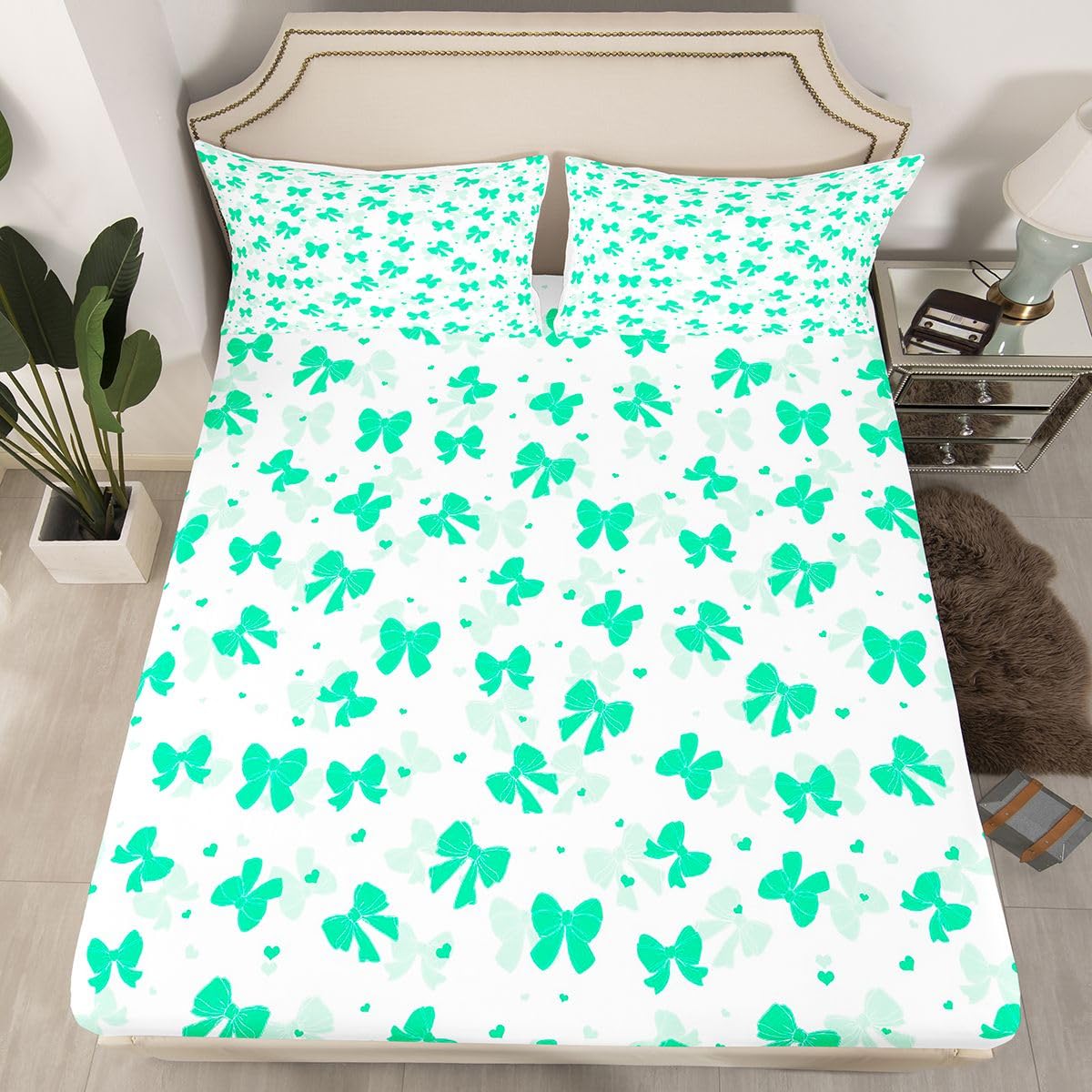 jejeloiu Green Bow Fitted Sheet Twin Size for Kids Boys Girls Bowknot Bed Sheets Set 16" Deep Pocket Soft Breathable Microfiber Bow Tie Bedding with 1 Pillowcase Dreamy Princess Style Room Decor