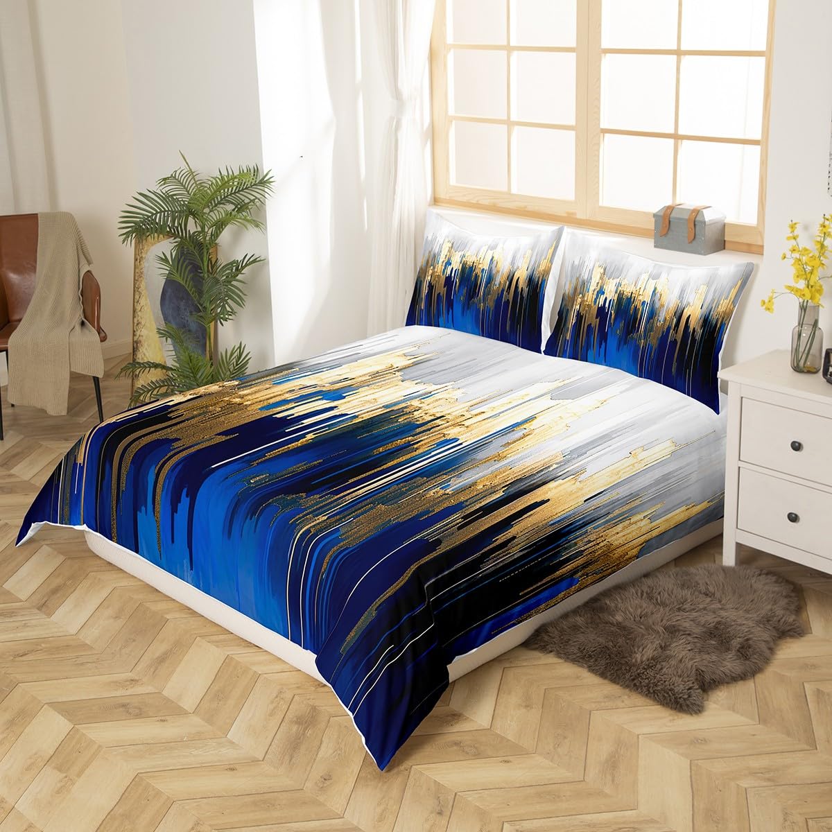 Erosebridal Abstract Art Comforter Cover Navy Gold Grey Bed Set, Stripe Duvet Cover Queen Size Golden Metallic Sequins Bedding Sets, Dark Blue Tie Dye Bedspread Cover Luxurious Modern Bedroom Decor