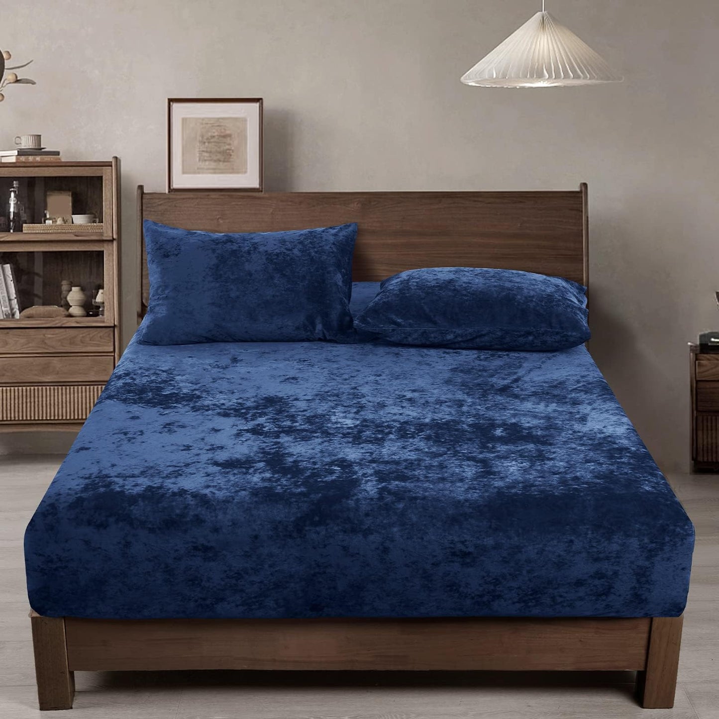 PHF Truly Velvet Fitted Sheet Only Queen Size, Luxury Super Soft Cozy Fuzzy Fleece Bottom Sheet, Deep Pocket Up to 16",Strenghth Elastic Band,Suitable for Fall Winter Spring, No Pillowcases, Navy Blue
