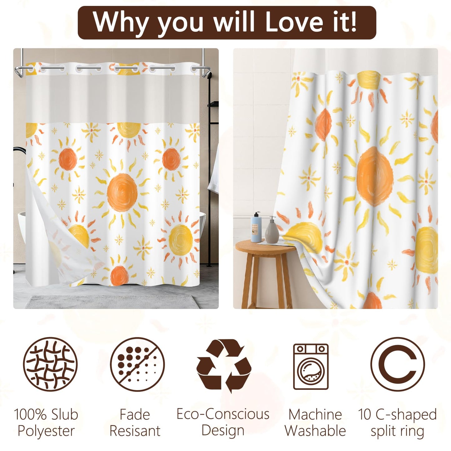 NAEMBCU No Hook Shower Curtain for Kids with Snap-in Liner 71x74 Inch