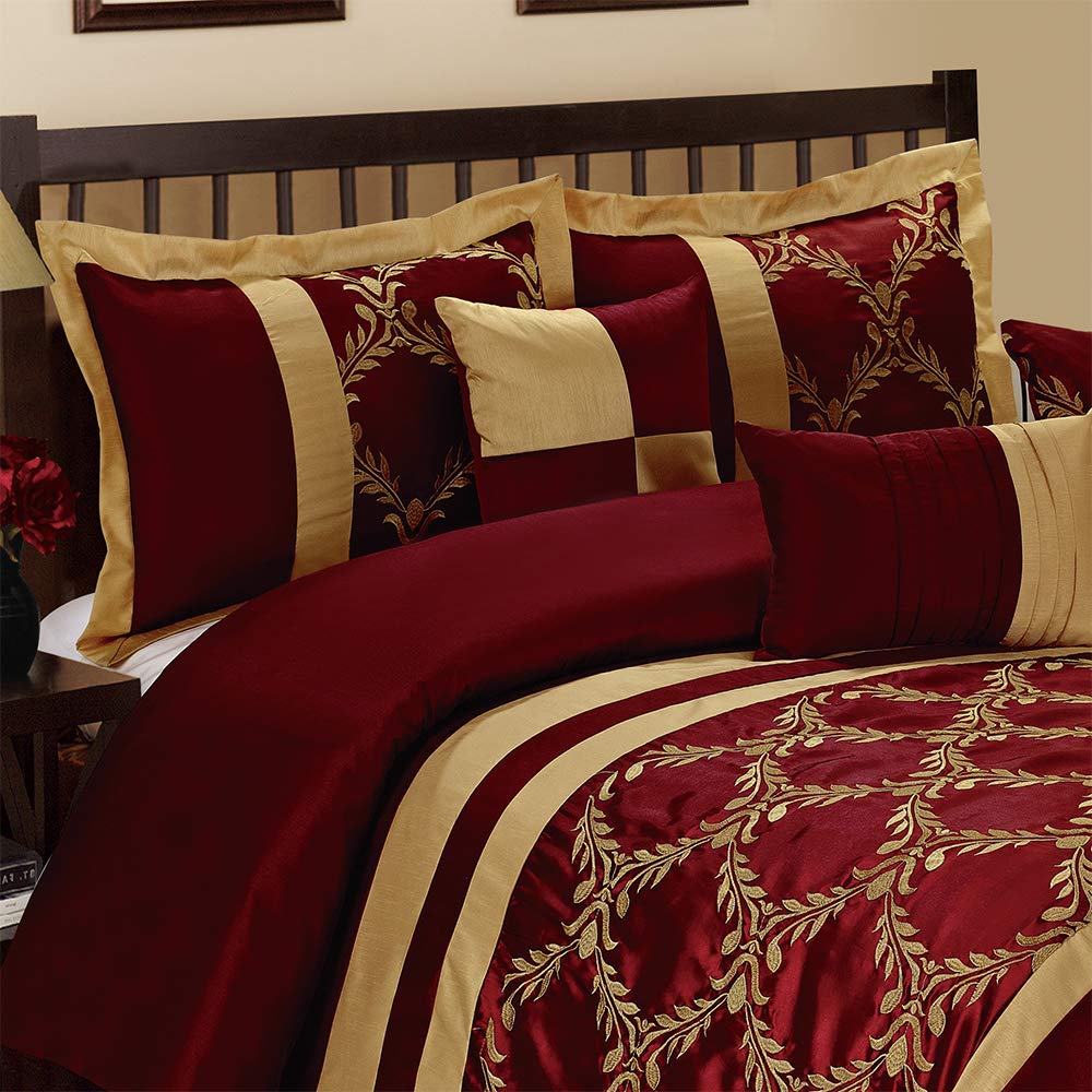 HIG 7 Piece Bed in A Bag Comforter Set King - Burgundy and Gold Faux Silk Fabric Embroidered - Breathable and Wrinkle Resistant - 1 Comforter, 2 Shams, 3 Decorative Pillows, 1 Bedskirt