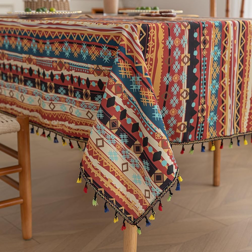 Erbnaryx Handblock Print Tablecloth for Square Tables, Red Table Cover with Fringed Edges, Decorative Tablecloth for Kitchen and Dining Room,59"x 70"