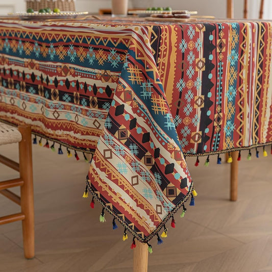 Erbnaryx Handblock Print Tablecloth for Square Tables, Red Table Cover with Fringed Edges, Decorative Tablecloth for Kitchen and Dining Room,59"x 70"