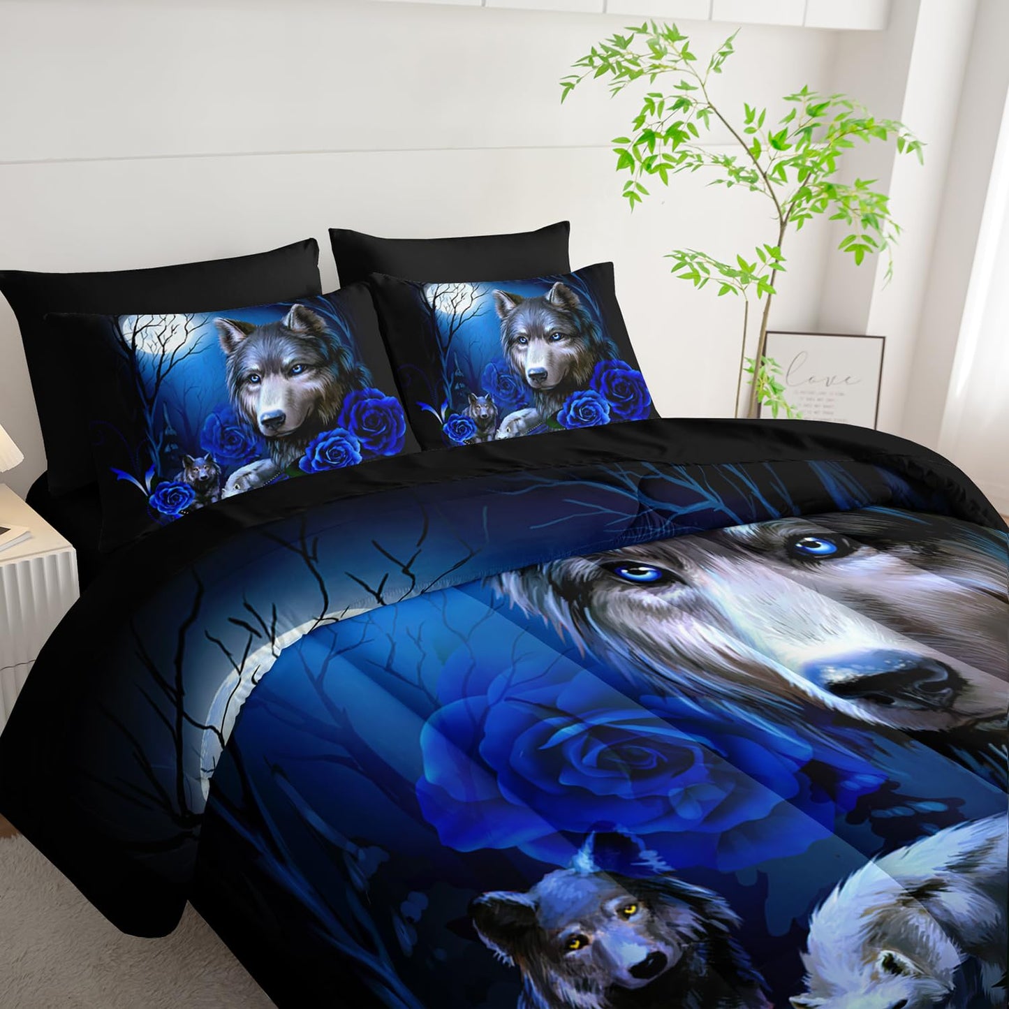 Tuzaovy Wolf Comforter Set 7 Piece Twin Size Bed in A Bag,Animal Bedding for Room Decor,Soft Wolf Comforter Blue Rose Bedding with Fitted Sheet,Flat Sheet, Pillowcases & Shams