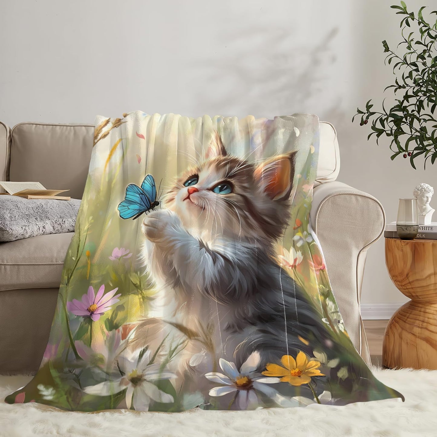 Baegopa Cat Blanket Gifts for Girls Boys Blue Butterfly Throw Blankets Cozy Plush Cute Flower Fleece Lightweight Flannel Fuzzy 50"X40"