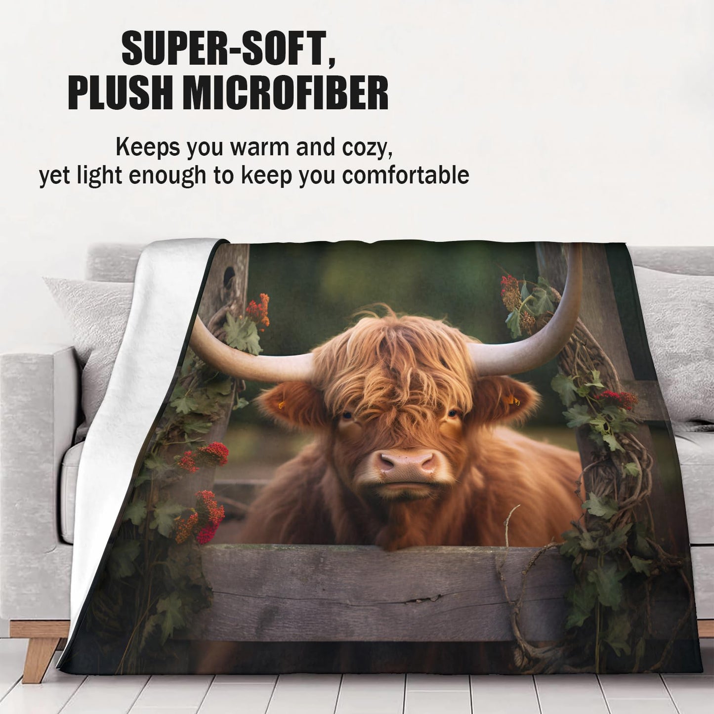 PAOABIU Highland Cattle Blankets, Farmhouse Cow Throw Blanket for Couch Bed Sofa, Brown Cow Blankets and Throws - Super Soft Cozy Plush Flannel Blanket Gifts & Decor, 66x90