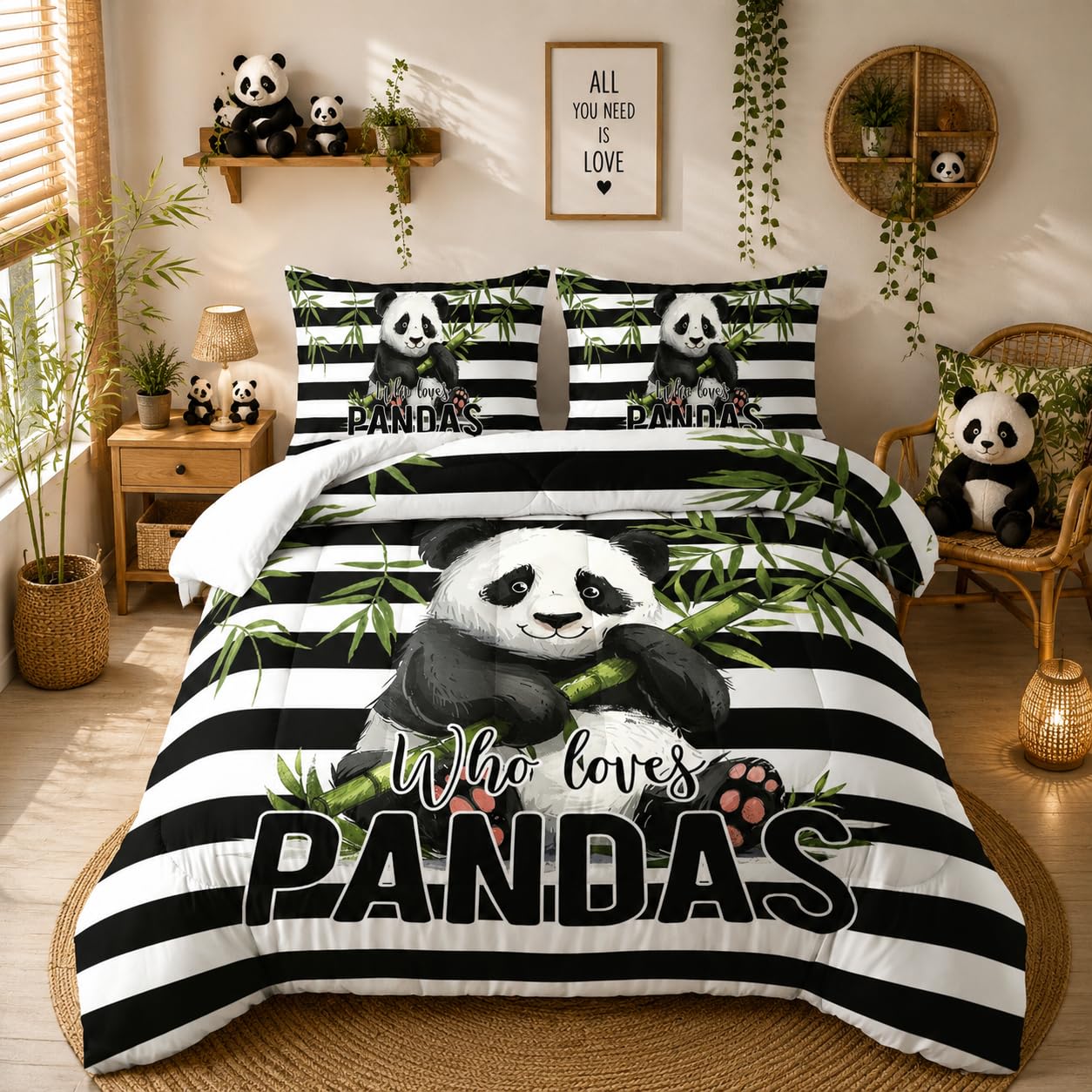 Nttopship Kawaii Panda Bedding Set - Striped Animal Theme Comforter for Girls, Kids, Teens - Twin Size With 2 Pillowcases